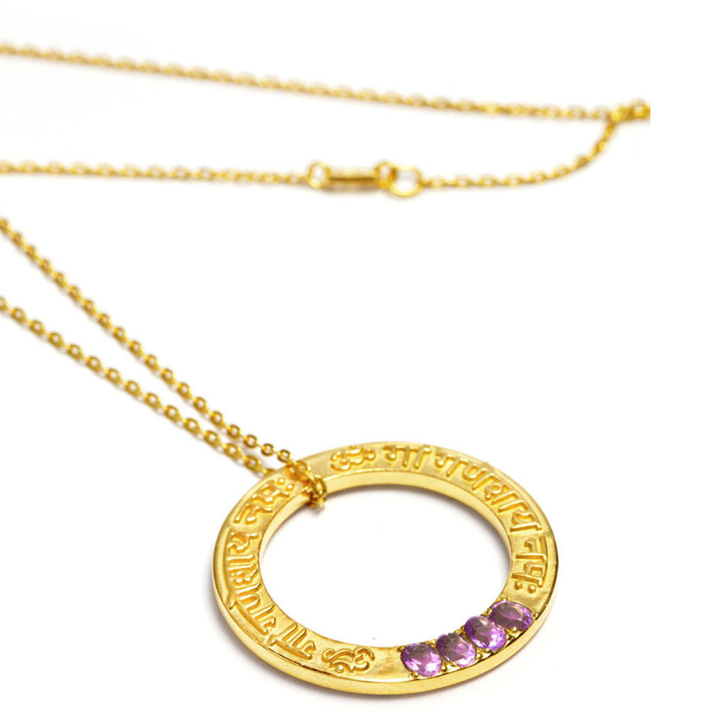 Ganesha Mantra Pendant with Raised Sanskrit Writing in Gold Plated Sterling Silver and Gemstones by ETERNAL BLISS from the Spiritual Yoga Jewelry Collection