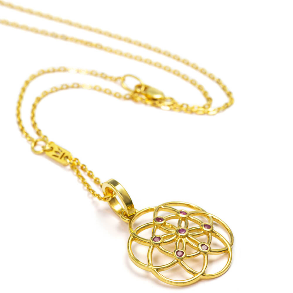 Seed of Life pendant made of gold-plated sterling silver with rubies from the spiritual yoga jewellery collection