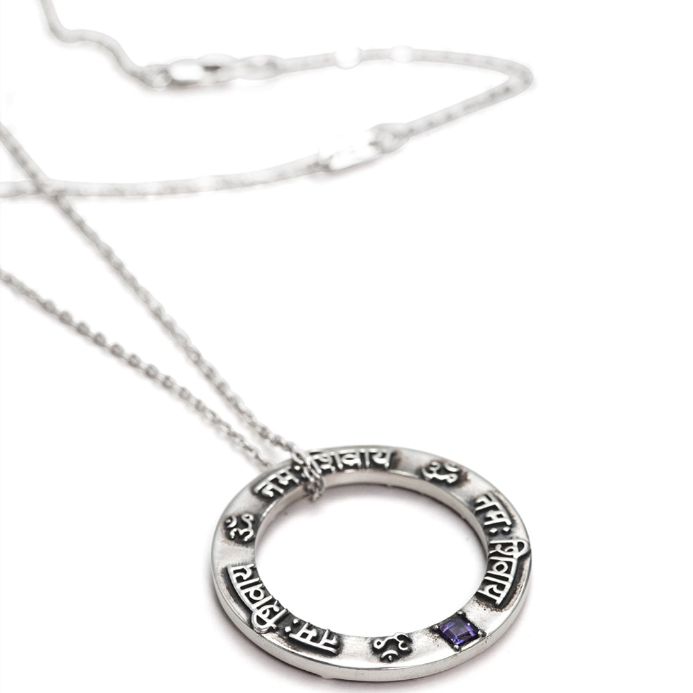 Shiva Mantra Pendant with Iolite in Patinated Sterling Silver by Eternal Bliss from the Spiritual Yoga Jewelry Collection