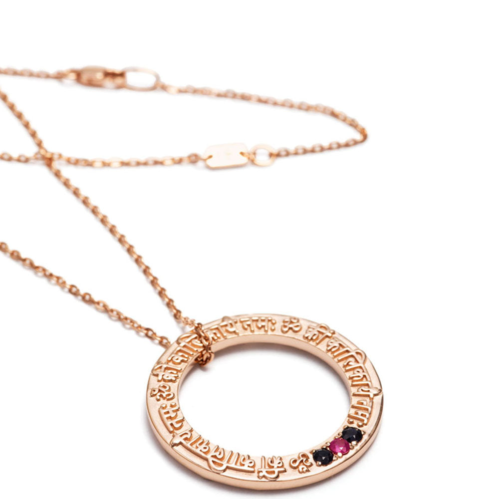 Kali Mantra pendant in rose gold plated sterling silver with ruby and sapphire gemstones from ETERNAL BLISS from the Spiritual Yoga jewelry collection