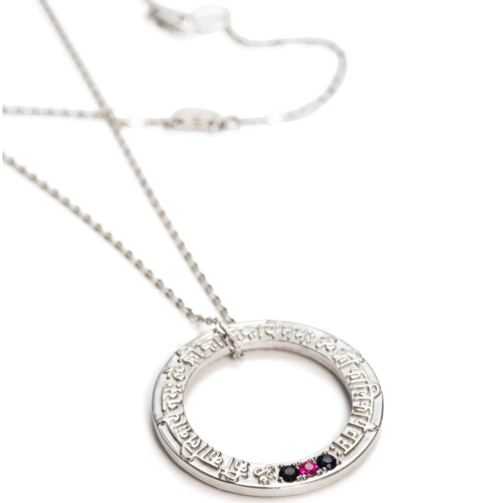 Kali Mantra Pendant in Sterling Silver with Ruby and Sapphire Gemstones from ETERNAL BLISS from the Spiritual Yoga Jewelry Collection