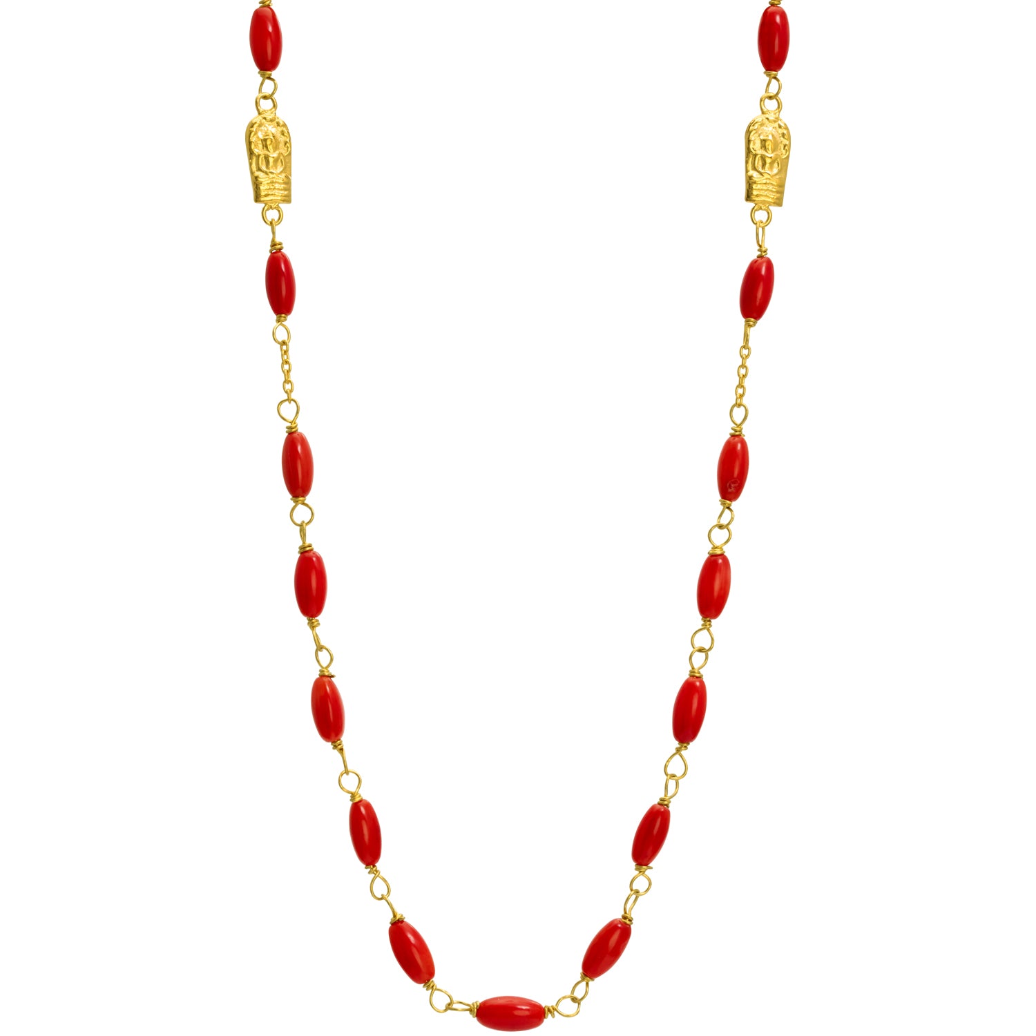 Edelsteinkette Ladakh mit Korallenperlen und Buddha-Emblemen aus hochwertig vergoldetem Sterling Silber von Eternal Bliss