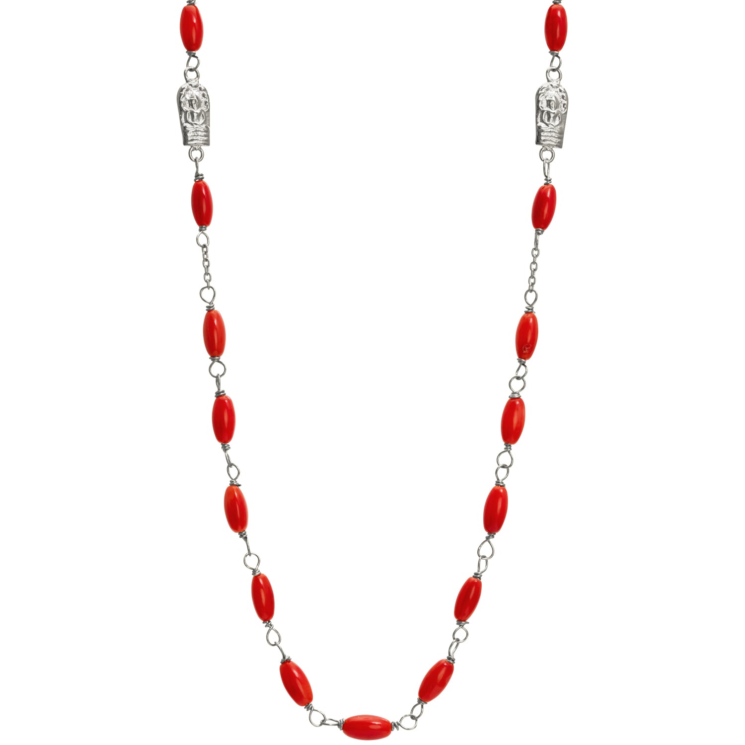 Edelsteinkette mit Korallenperlen und Buddha-Emblemen aus hochwertigem Sterling Silber von Eternal Bliss