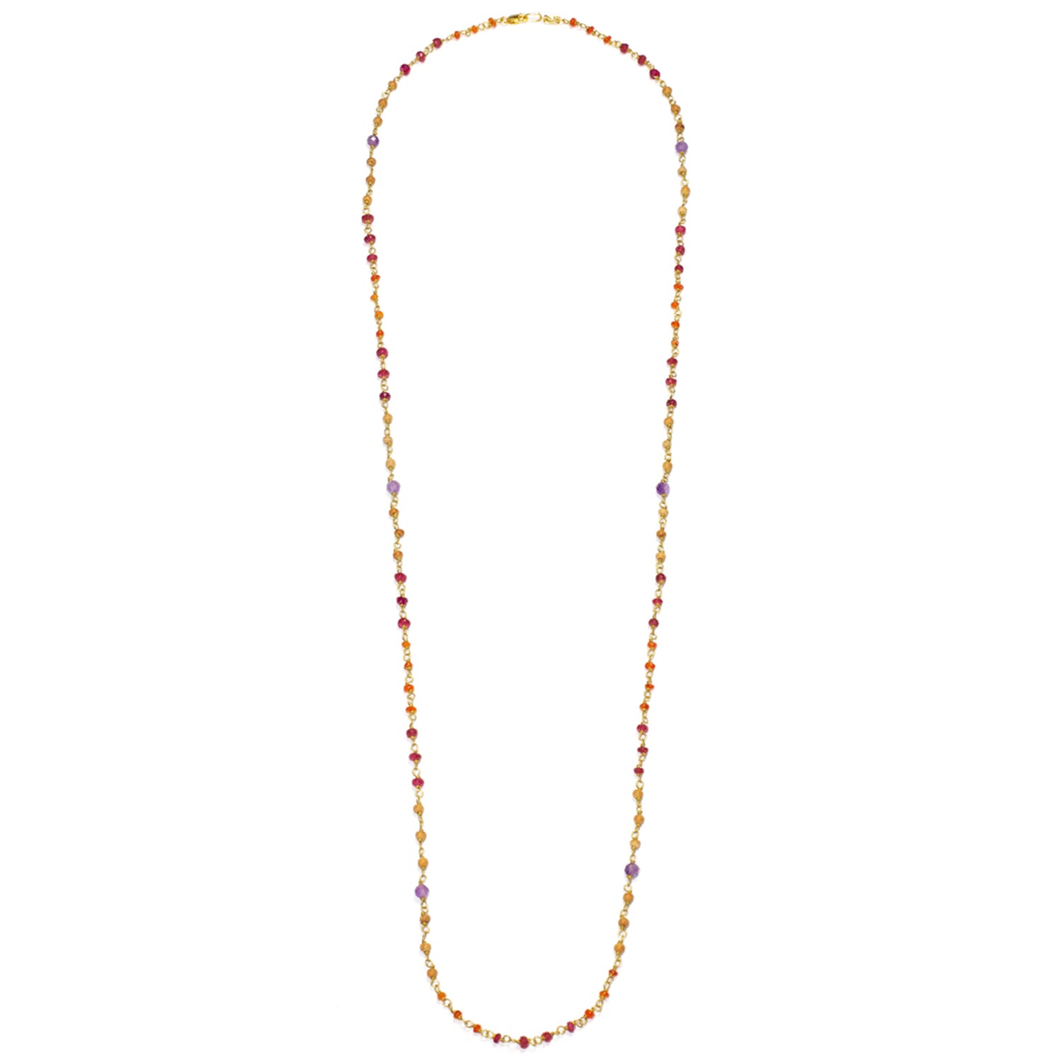 Gesamtansicht der Edelstein-Halskette "Prana" aus hochwertig vergoldetem Sterling Silber mit Rubinen, Karneolen, Amethyst und Sandelholz von Eternal Bliss