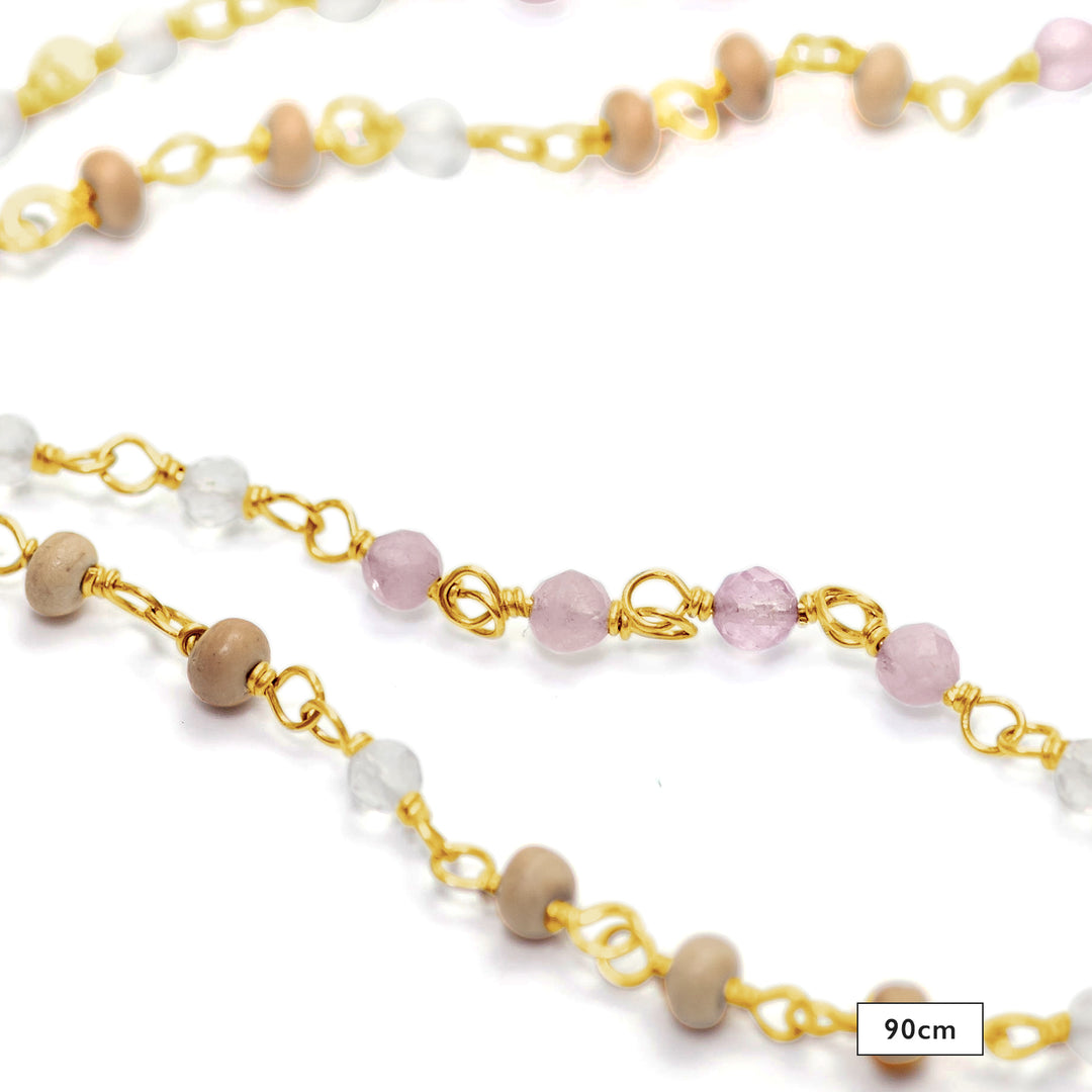 Detail of 90cm gemstone necklace "Mental Flow" made of high-quality gold-plated sterling silver with lavender, rock crystal, and sandal wood by Eternal Bliss