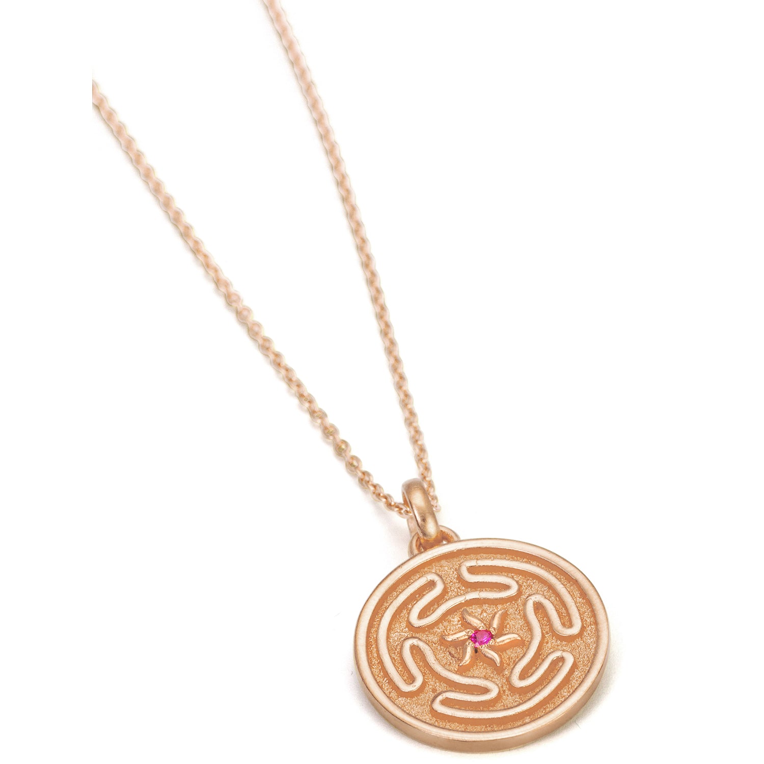 Hecate's wheel pendant with ruby made of high-quality rosegold-plated sterling silver