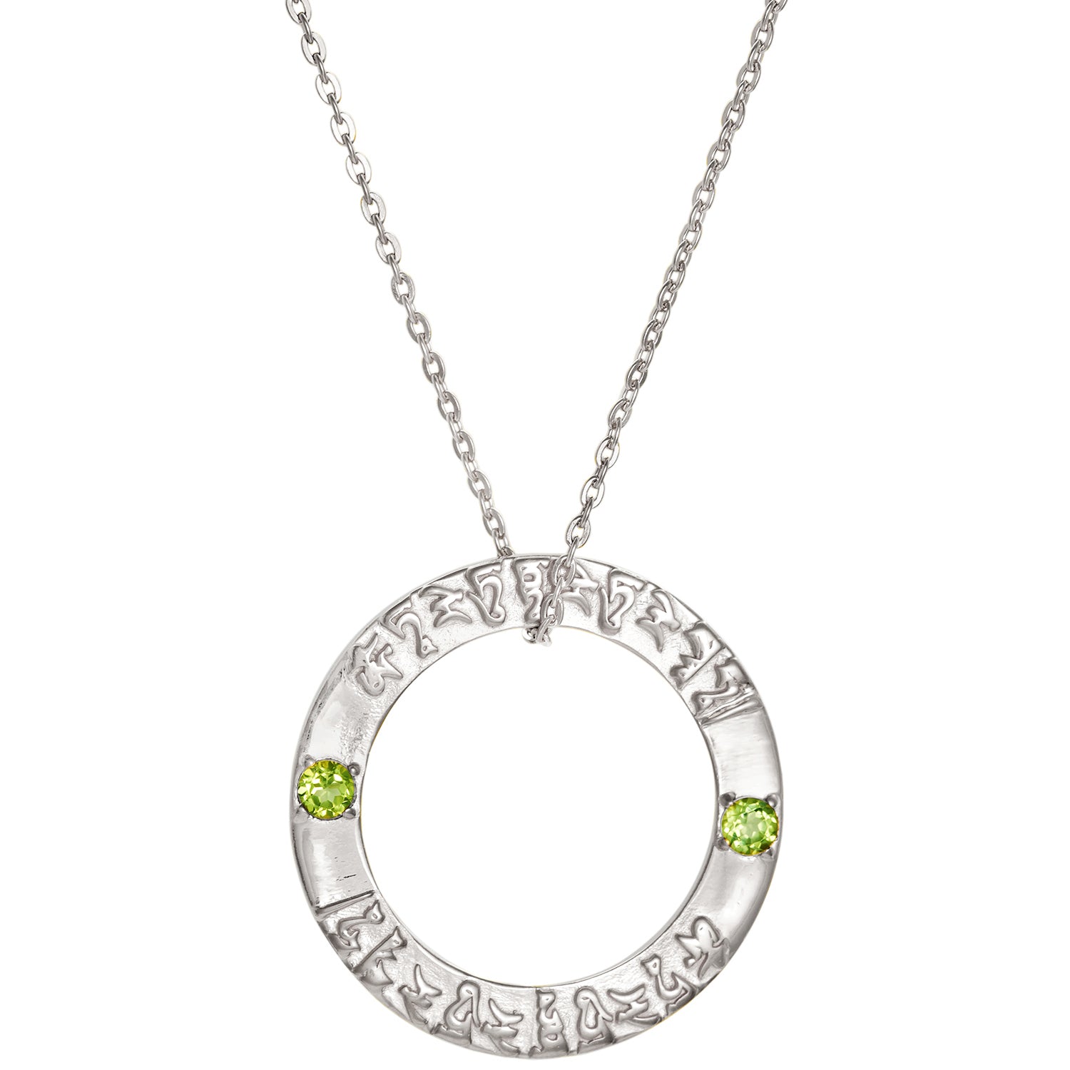 Tara Mantra Anhänger aus hochwertigem Sterling Silber mit zwei 4mm Peridot Edelsteinen von ETERNAL BLISS aus der Spirituellen Yoga Schmuckkollektion