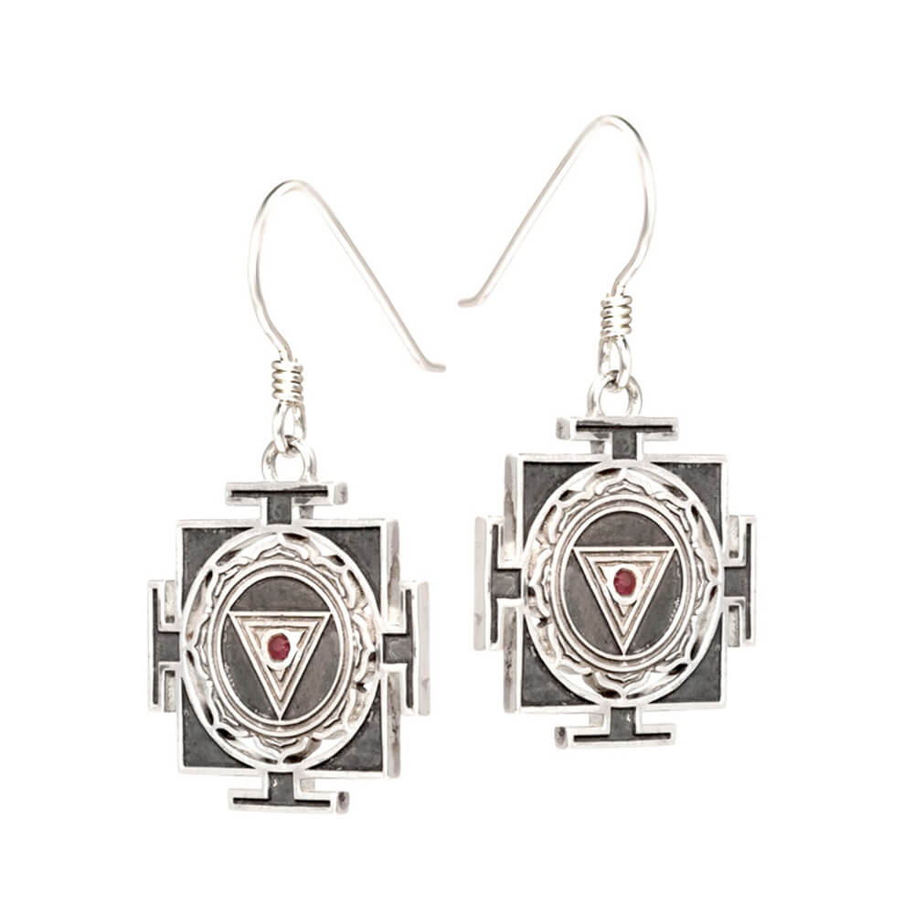 Kali Yantra silver earrings with ruby  by ETERNAL BLISS - Spiritual Jewellery